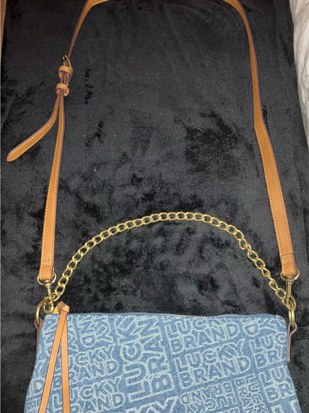 Lucky Brand Denim Logo Crossbody with Tan Leather Strap and Gold tone Chain